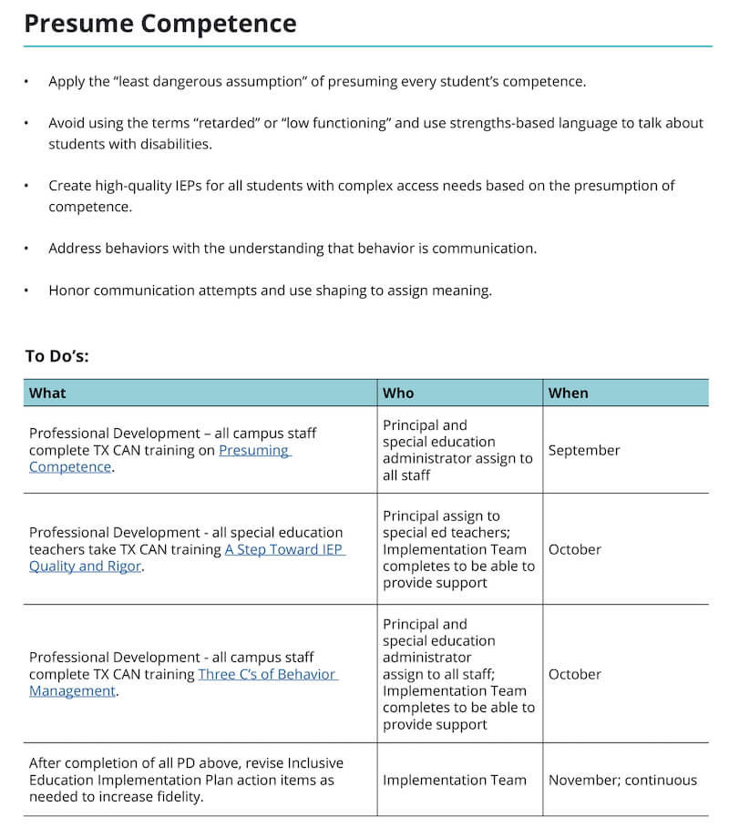 Screenshot of "Sample Phase One Inclusive Education Implementation Plan; Presuming Competence"